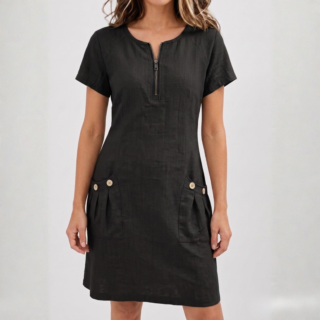 Robe midi femme noir col V zippé avec poches plaquées et boutons