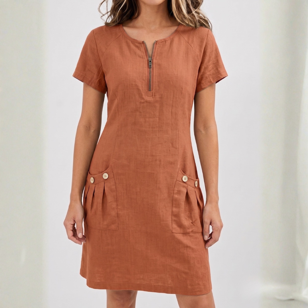 Robe midi femme orange col V zippé avec poches plaquées boutons