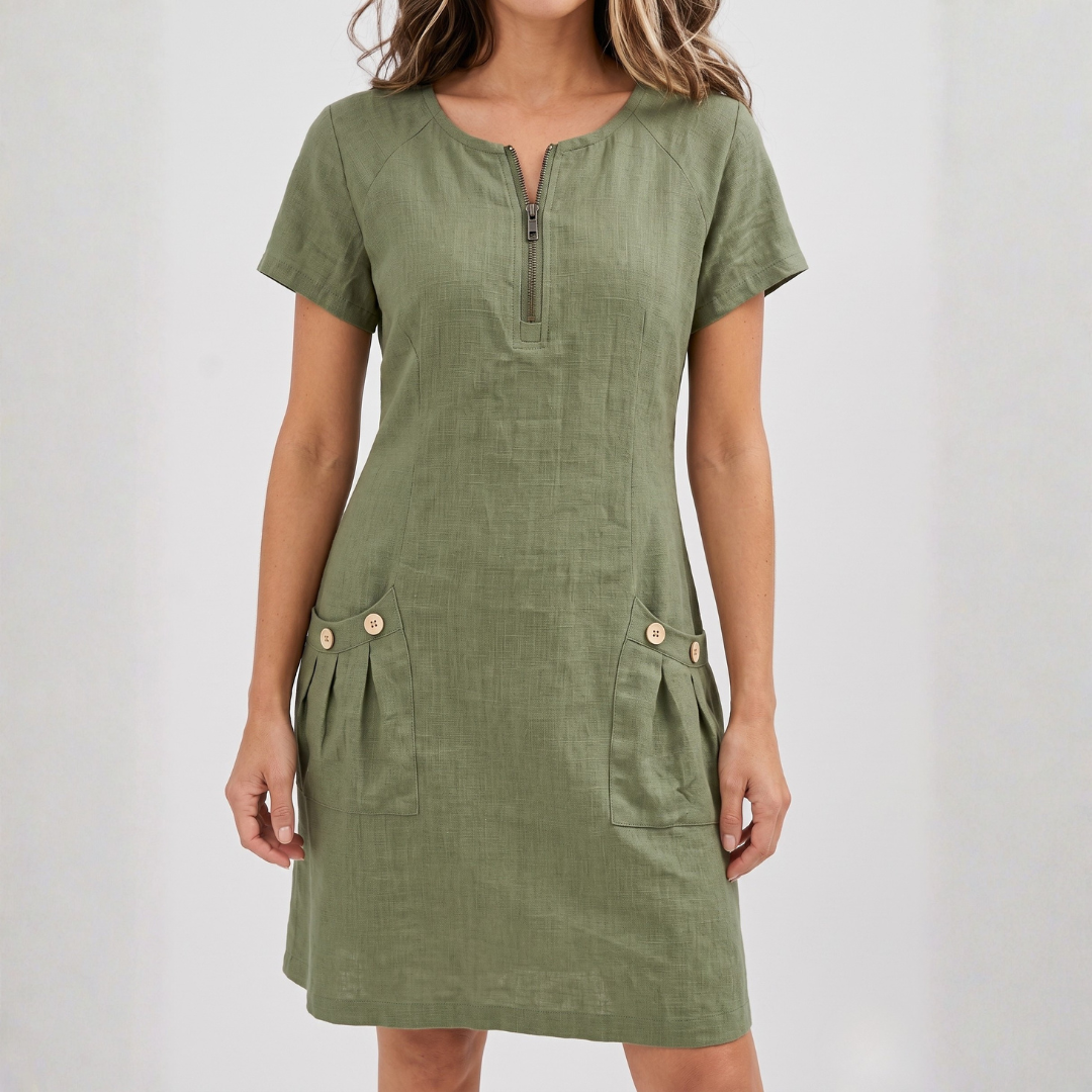 Robe midi femme vert kaki col V zippé avec poches plaquées et boutons, vue de face