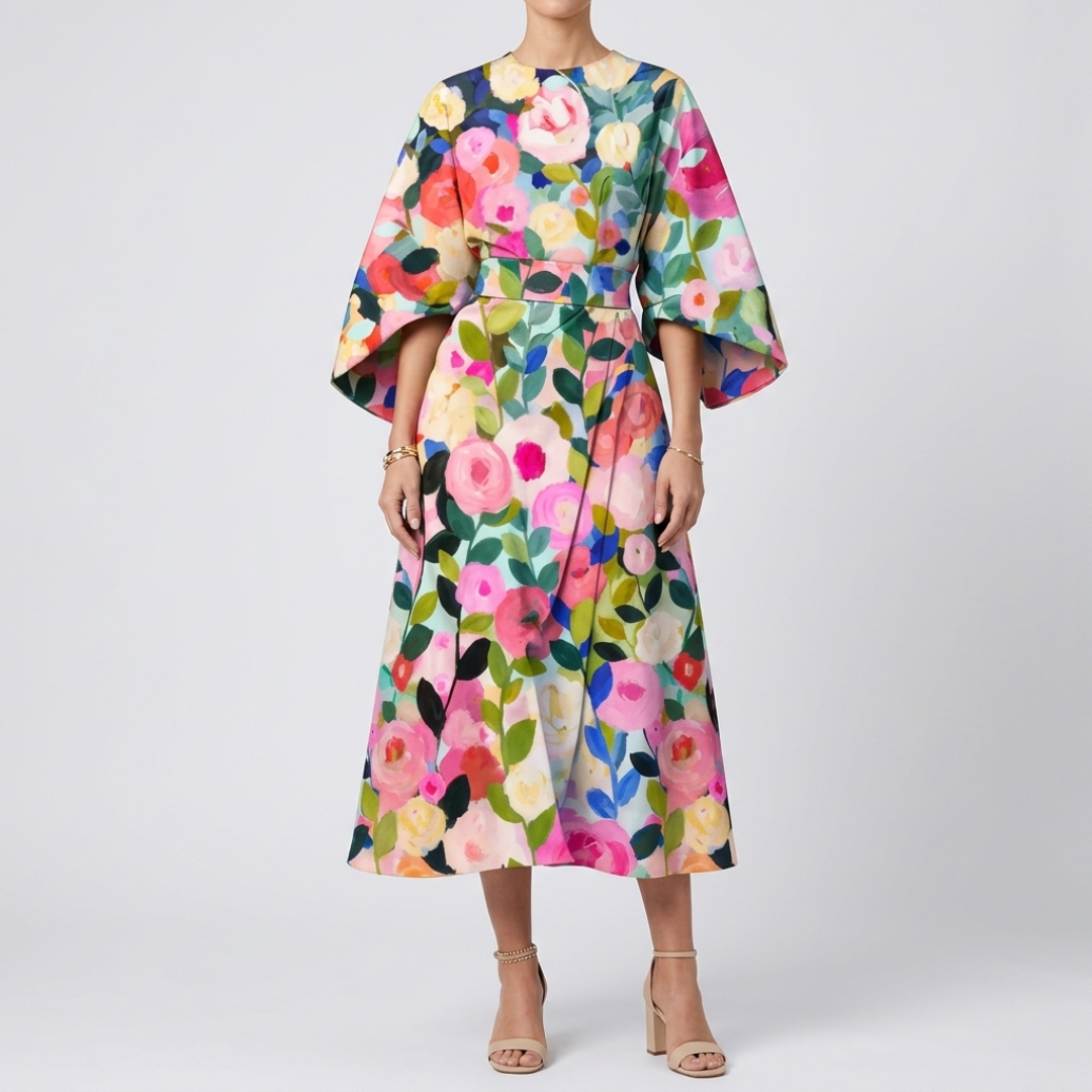 Robe midi manches kimono imprimé floral multicolore, vue de face