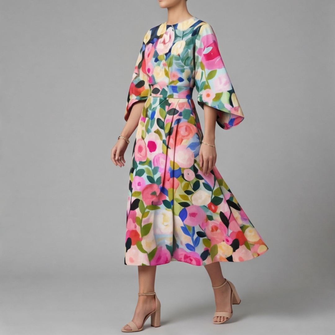 Robe kimono fleurie, silhouette entière de face sur fond gris