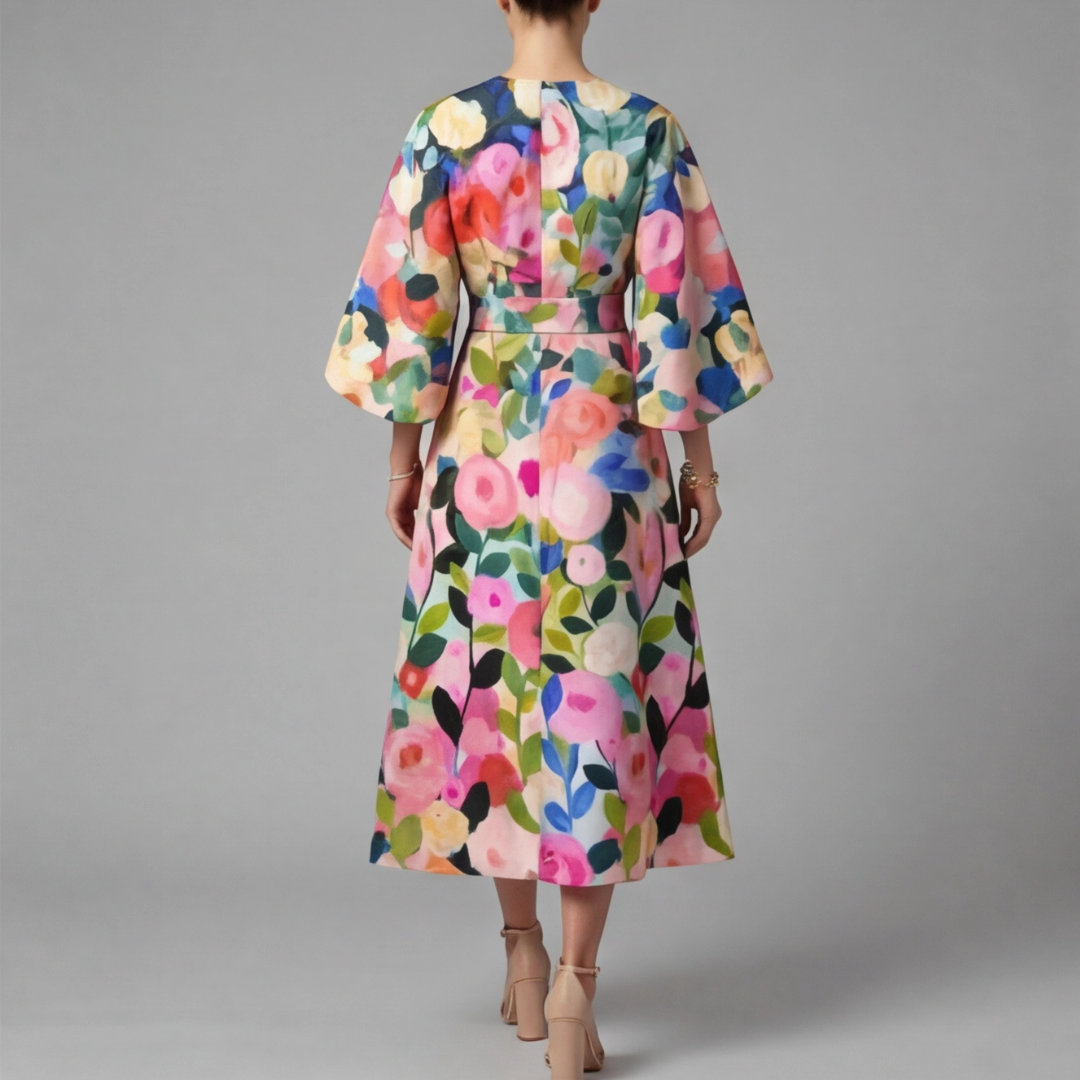 Robe Alina imprimé floral, vue de dos manches kimono amples