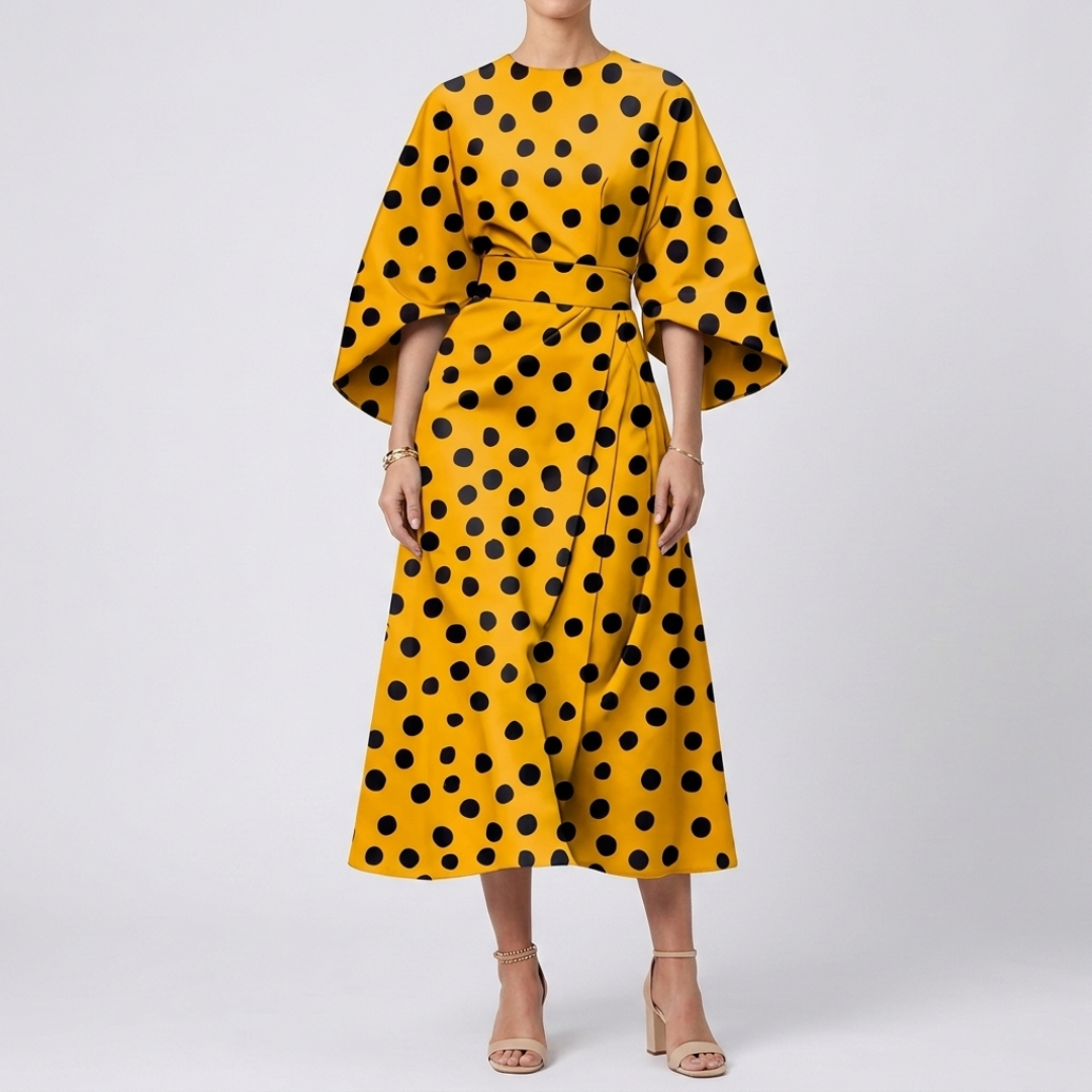 Robe Alina imprimé à pois coloris jaune ocre, vue de face