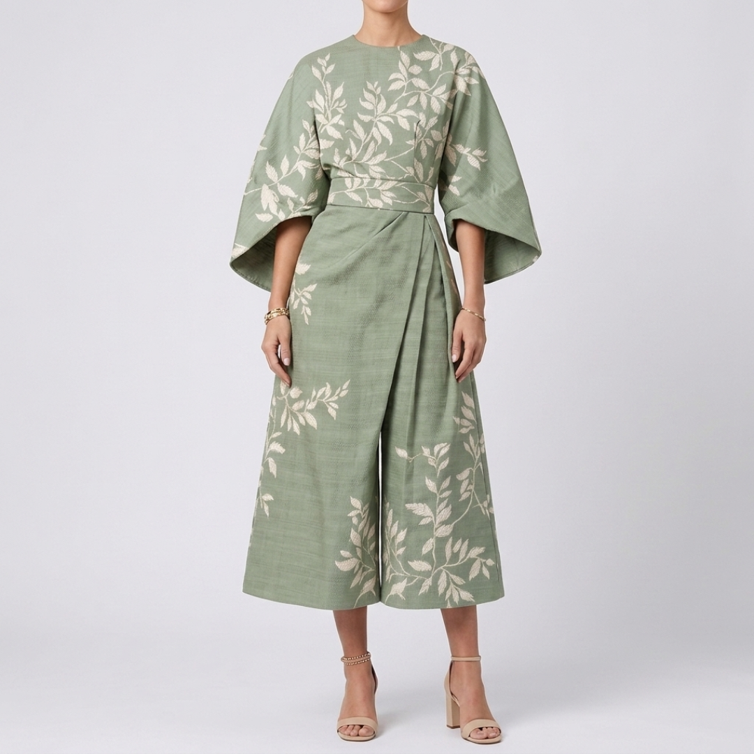 Robe Alina coloris vert, coupe midi manches larges