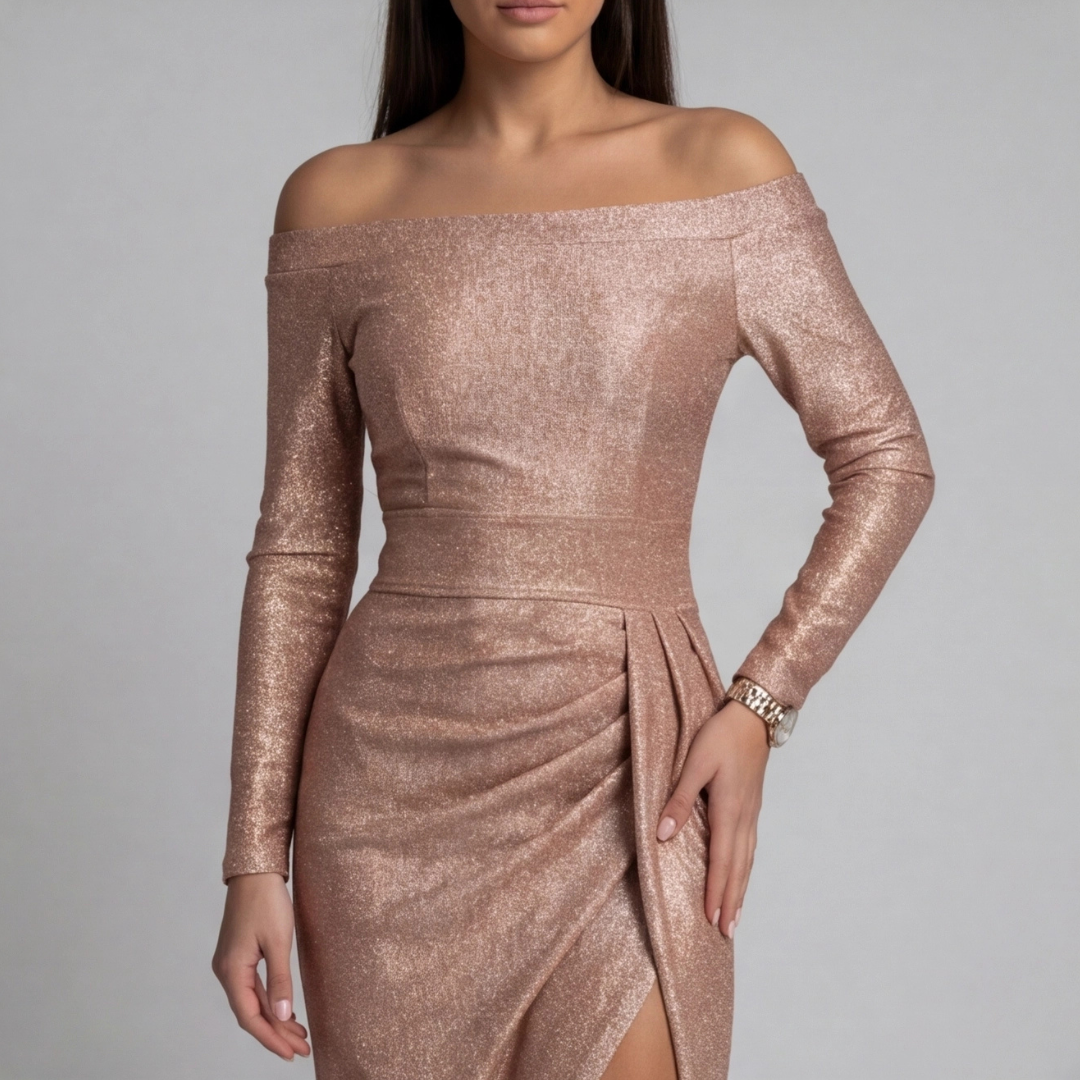 Robe Ariane champagne vue de dos manches longues fente latérale
