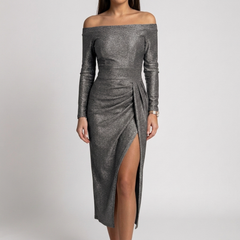 Robe Ariane grise pailletée vue de face fente latérale