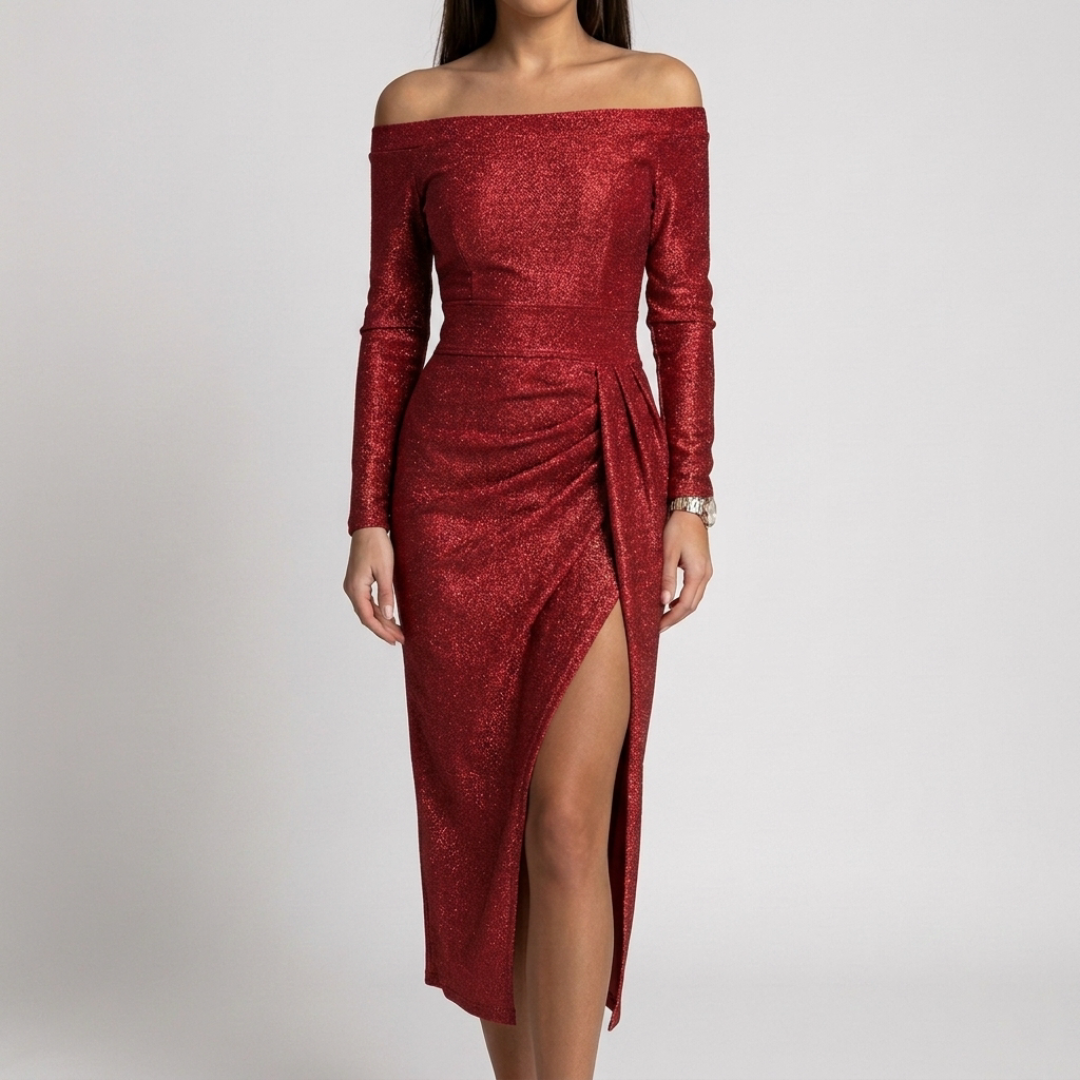 Robe Ariane rouge scintillante manches longues vue de face