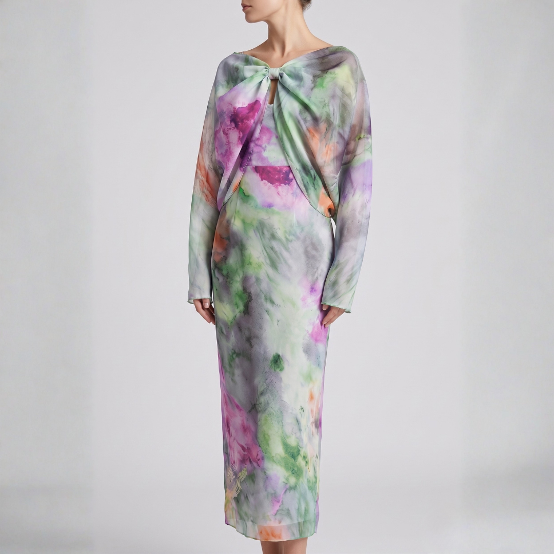 Robe midi imprimé aquarelle multicolore avec nœud au décolleté, vue de face