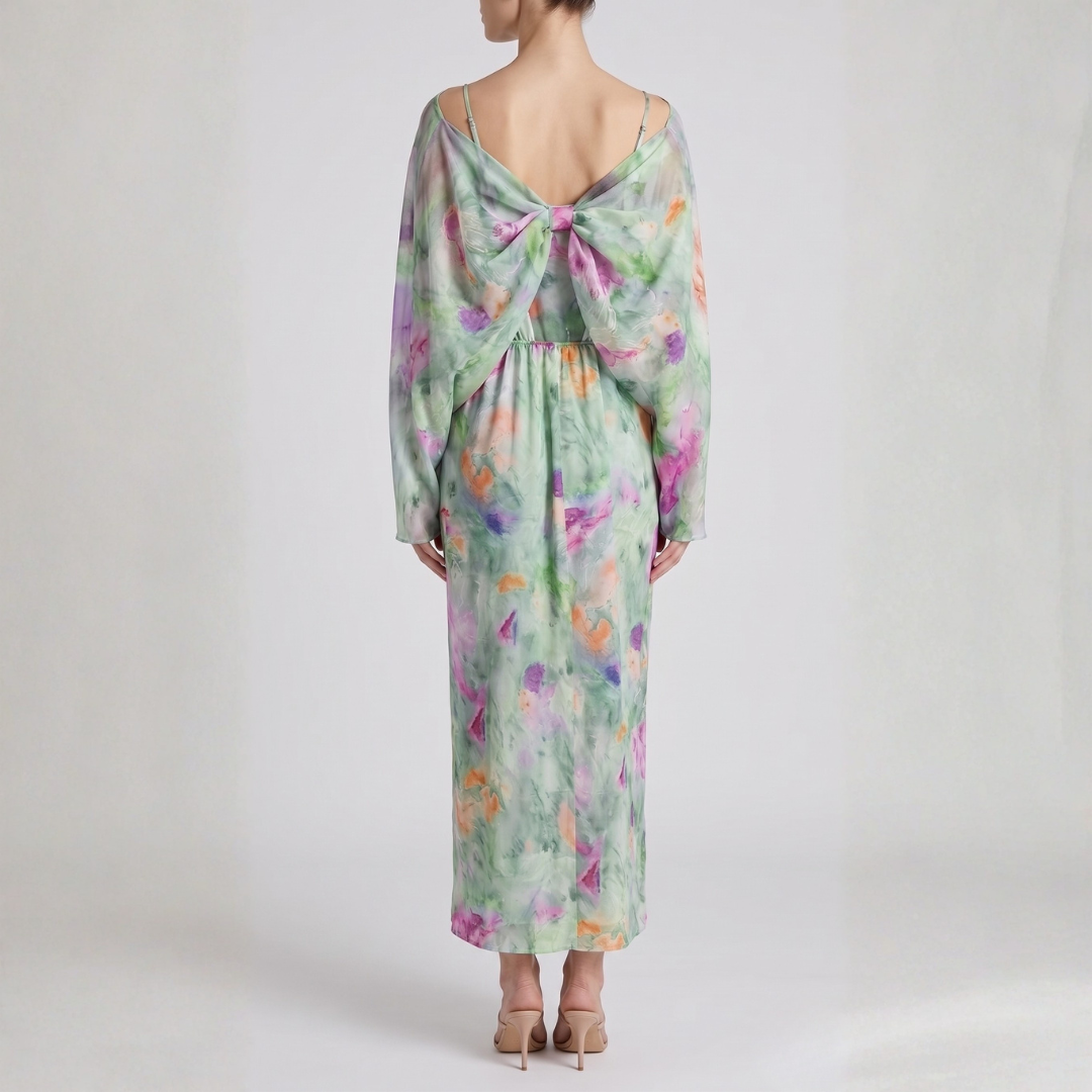 Robe midi Adèle longueur complète, imprimé aquarelle multicolore, vue de profil