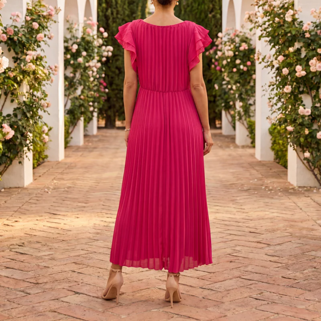 Bas de la robe midi plissée rose, tissu fluide en mouvement
