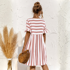 Robe midi rayée rose et blanc détail col rond manches volantées