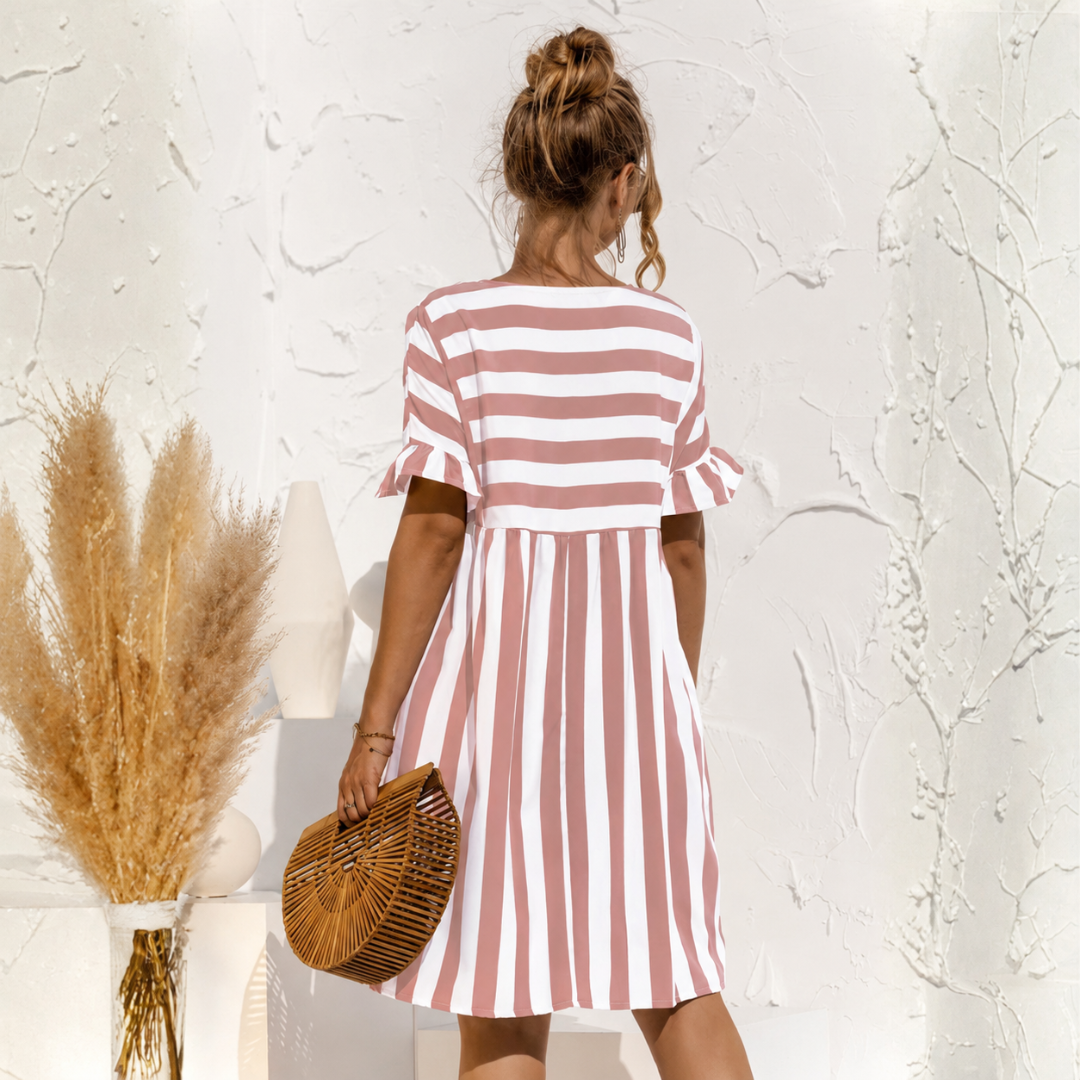 Robe midi rayée rose et blanc détail col rond manches volantées