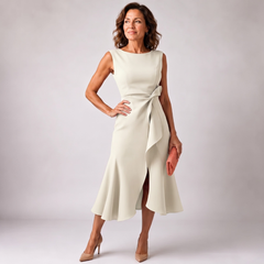Robe midi ivoire sans manches col bateau avec volant asymétrique élégant