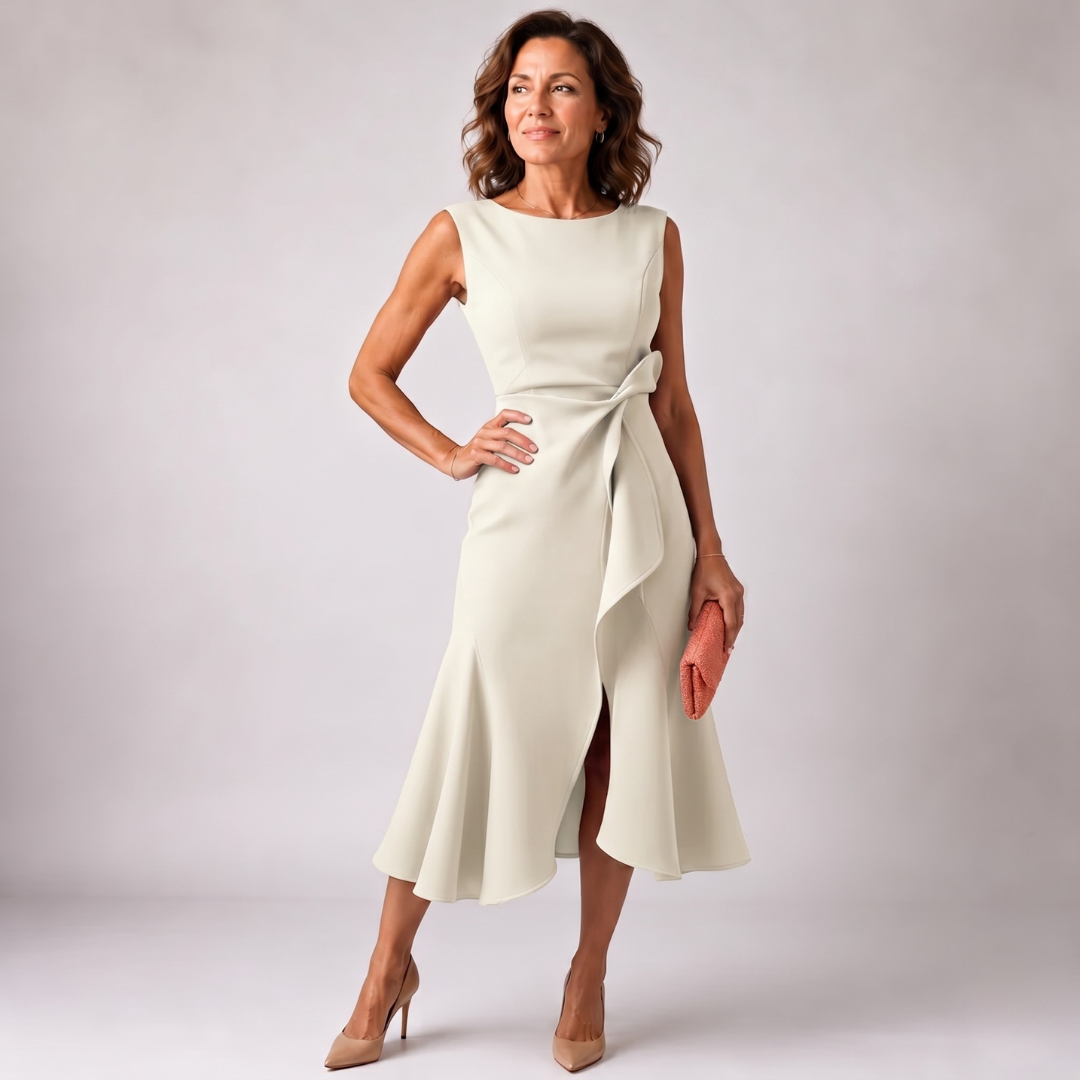 Robe midi ivoire sans manches col bateau avec volant asymétrique élégant