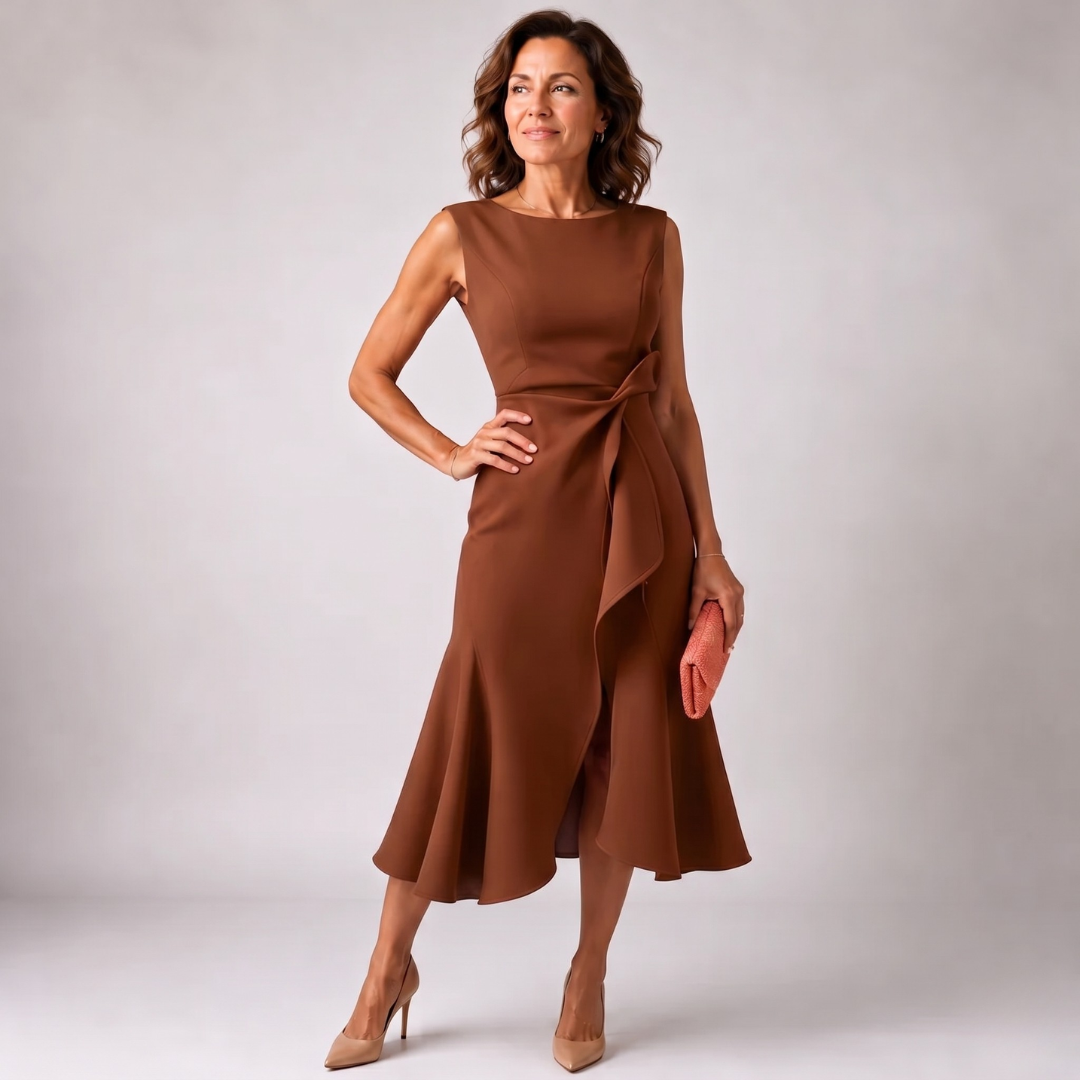 Robe midi marron sans manches avec nœud à la taille et volant