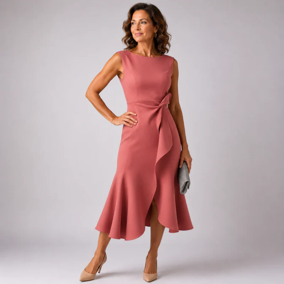Robe midi rose sans manches col bateau avec nœud drapé à la taille