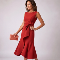 Robe midi rouge élégante avec nœud à la taille et volant fluide