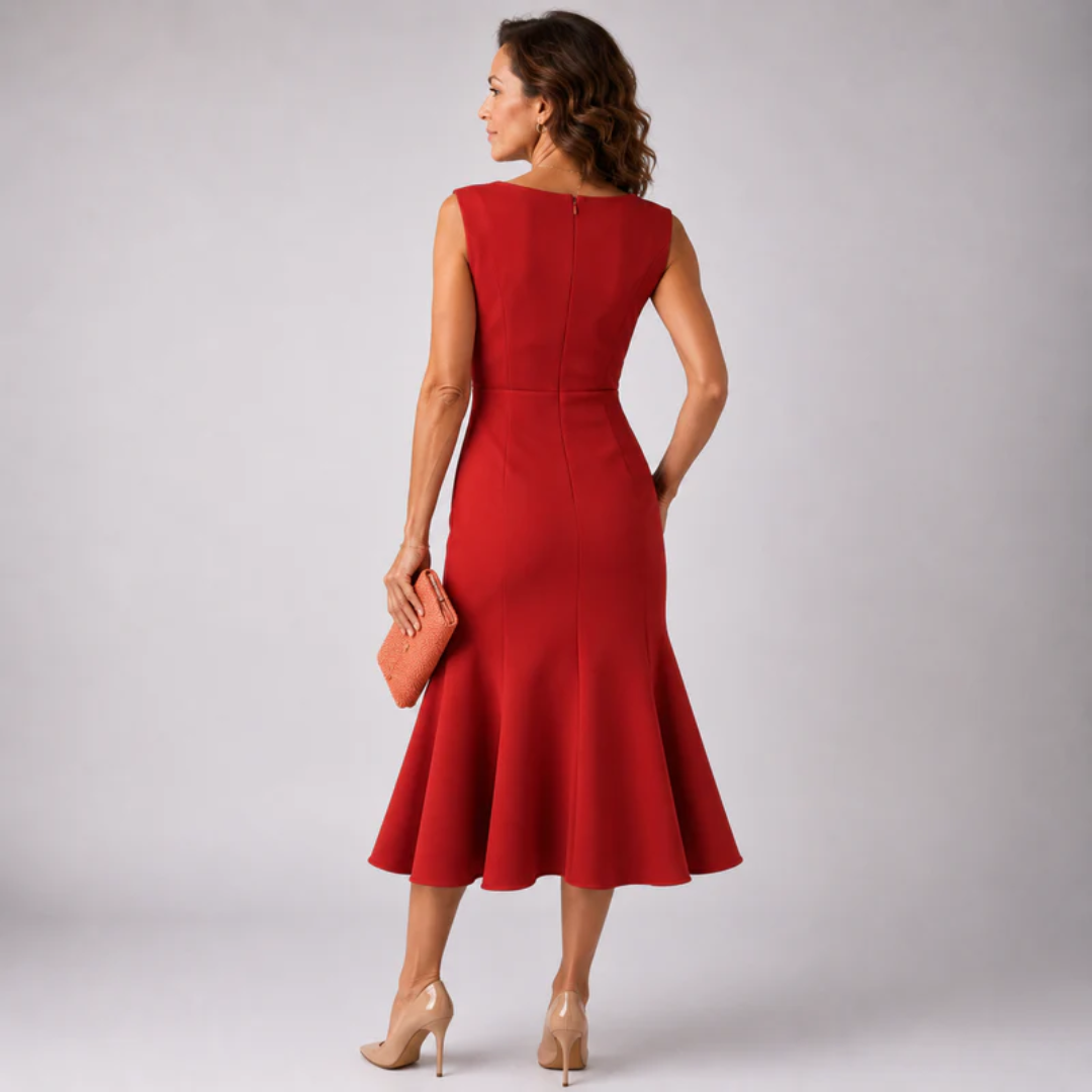 Robe midi rouge vue de dos, jupe évasée et fermeture zippée