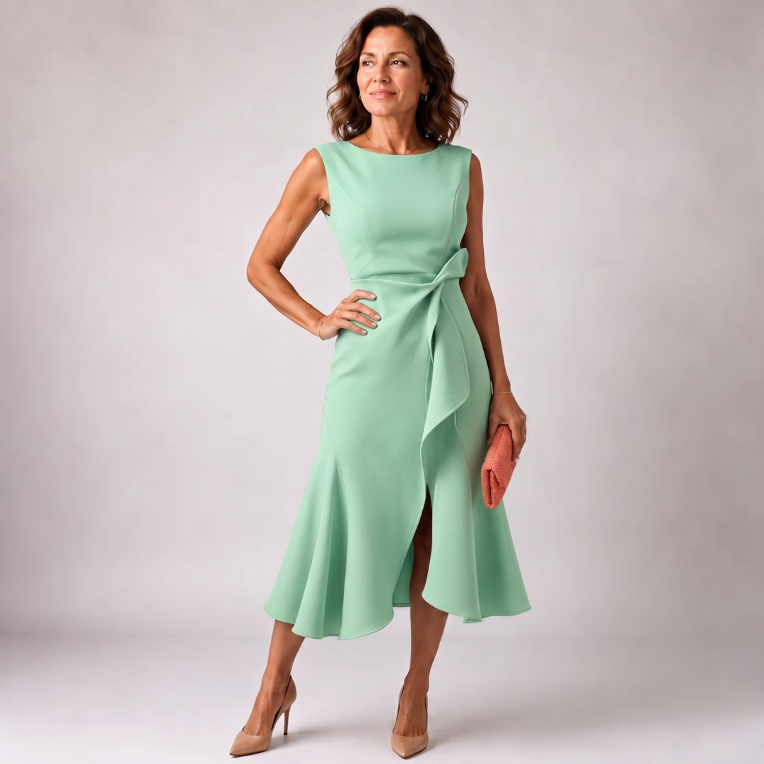 Robe midi vert clair col bateau avec volant asymétrique et pochette
