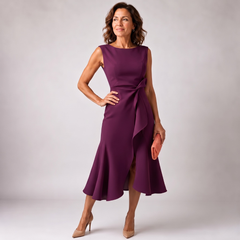 Robe midi violette col bateau avec volant asymétrique et fente élégante