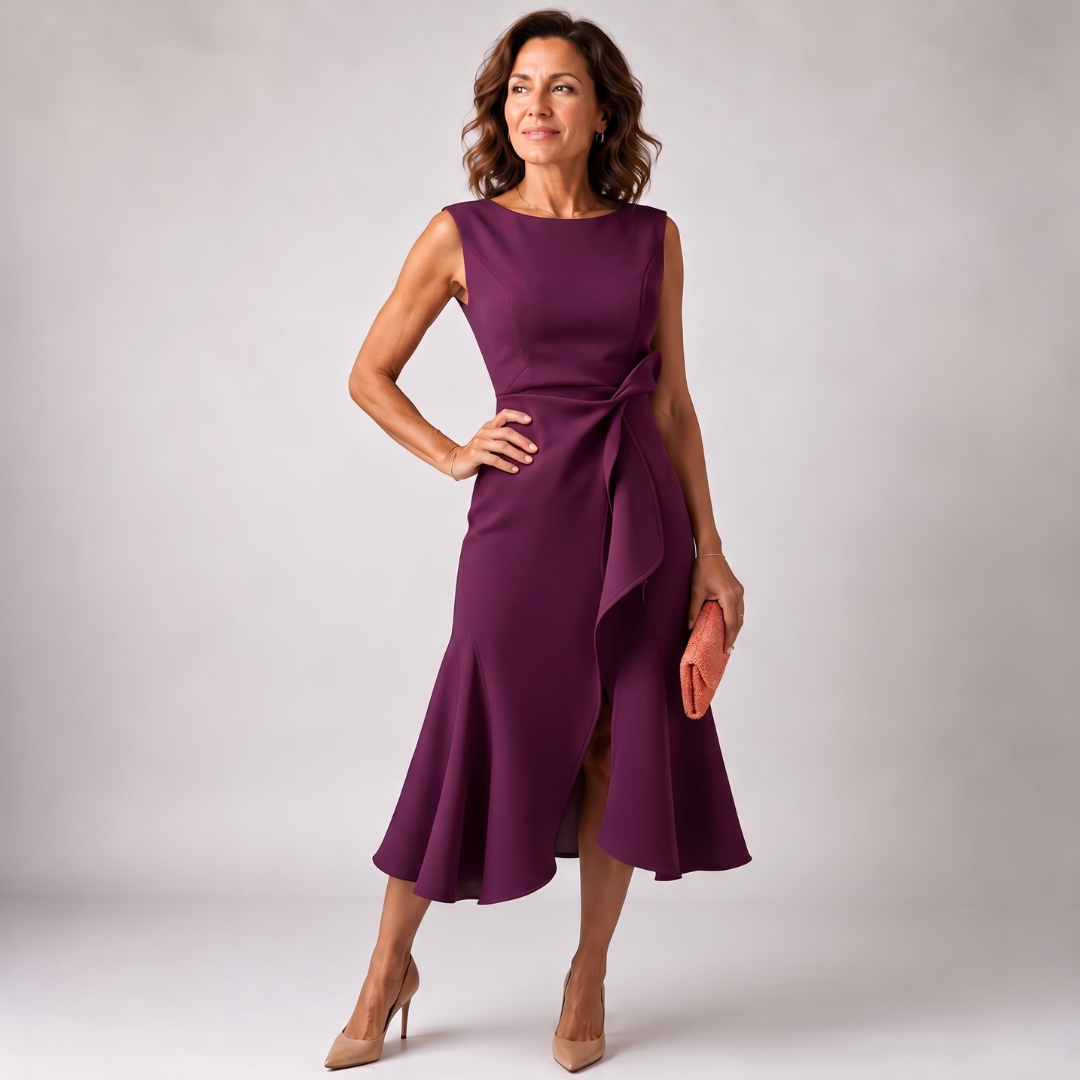 Robe midi violette col bateau avec volant asymétrique et fente élégante