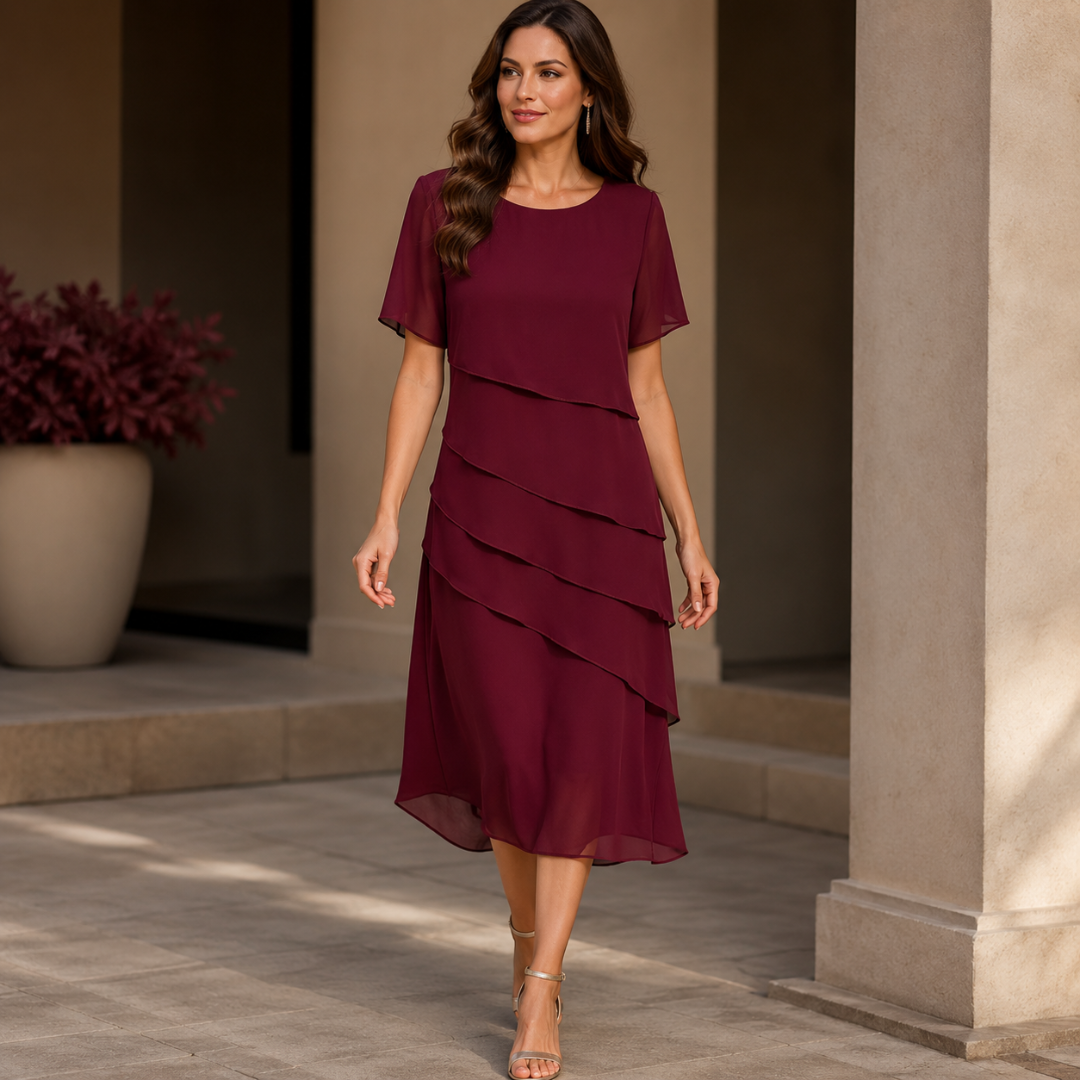 Robe femme midi bordeaux à volants superposés, vue de face
