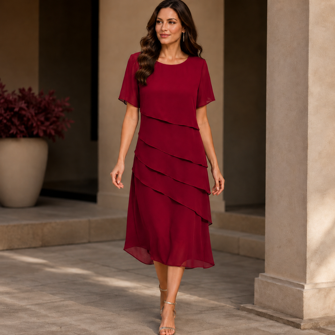 Robe femme midi bordeaux à volants superposés, vue de face