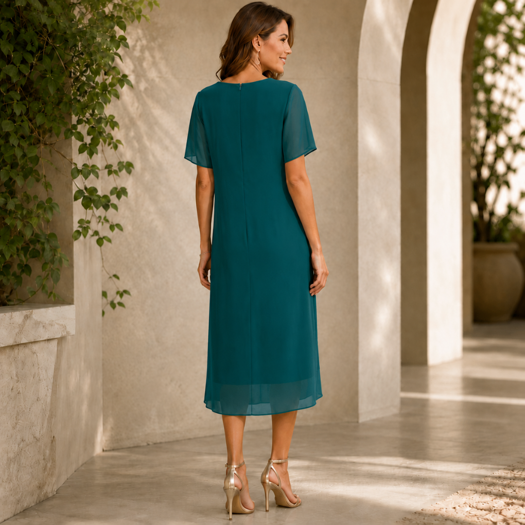 Robe femme vert foncé col rond manches courtes voilées, vue de dos