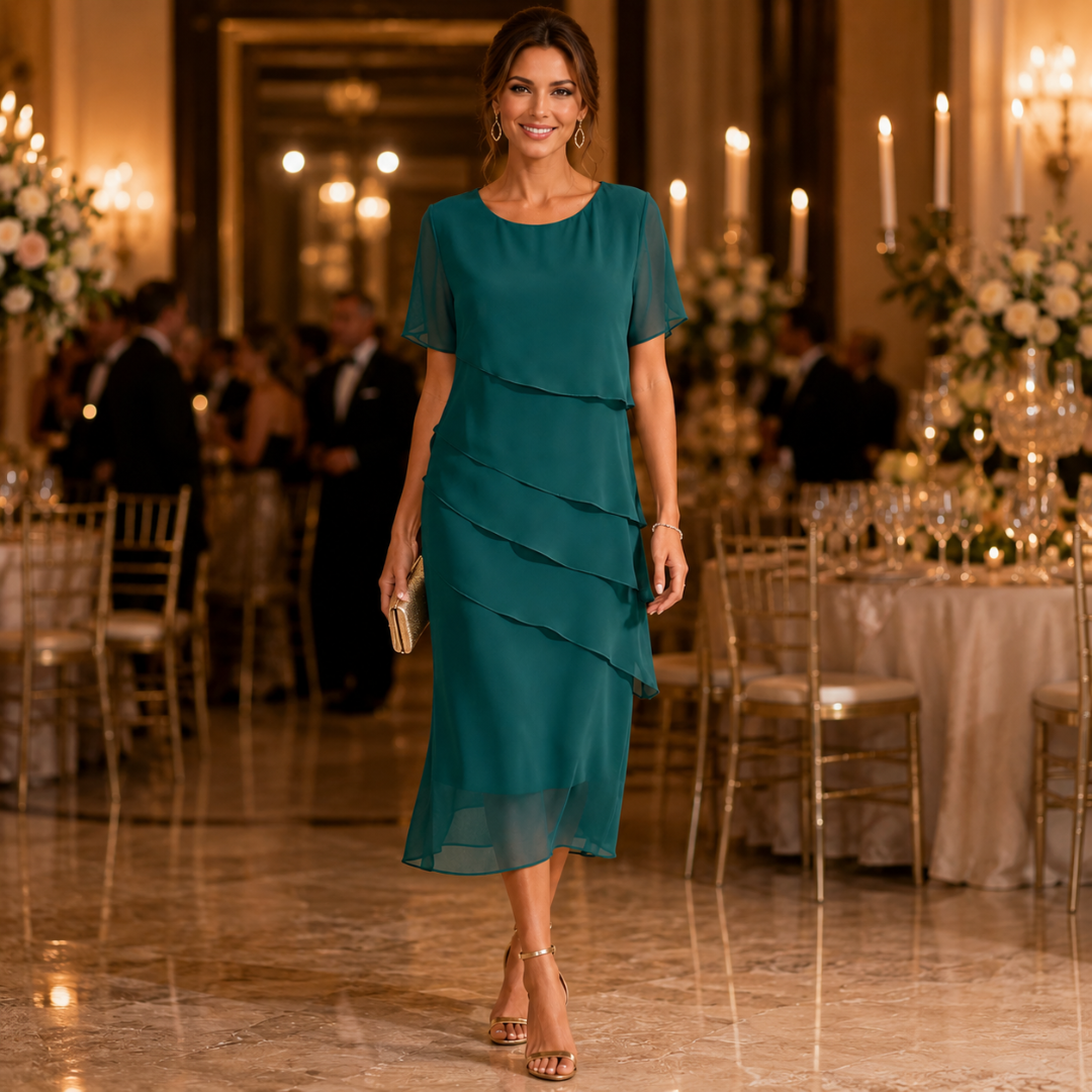 Robe midi cérémonie vert foncé portée dans un cadre élégant