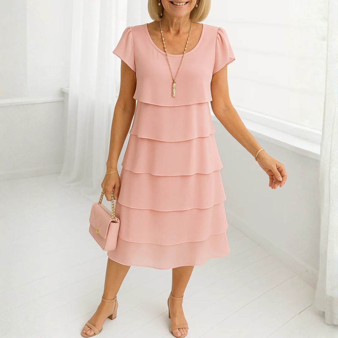Robe Karen coloris rose à volants étagés, vue de face