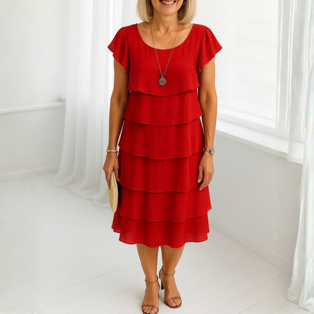 Robe Karen rouge à volants étagés vue de face, longueur midi