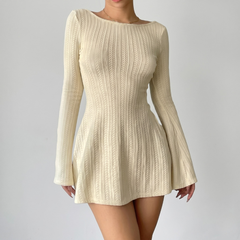 Robe mini maille torsadée crème col bateau vue de face