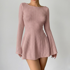 Robe mini maille torsadée rose col bateau vue de face