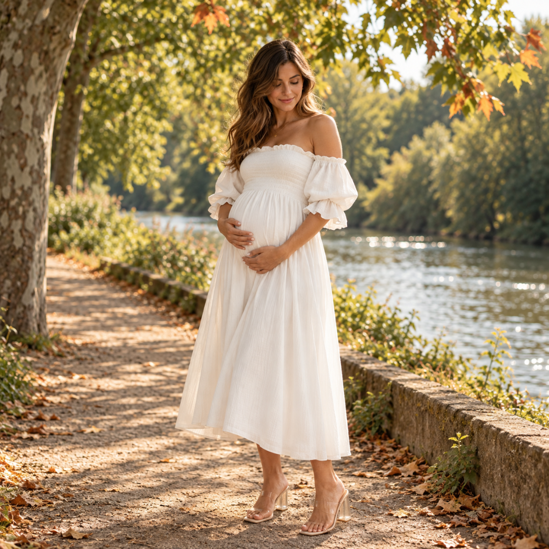 Robe de grossesse blanche midi avec manches ballon au coude, au bord de l'eau