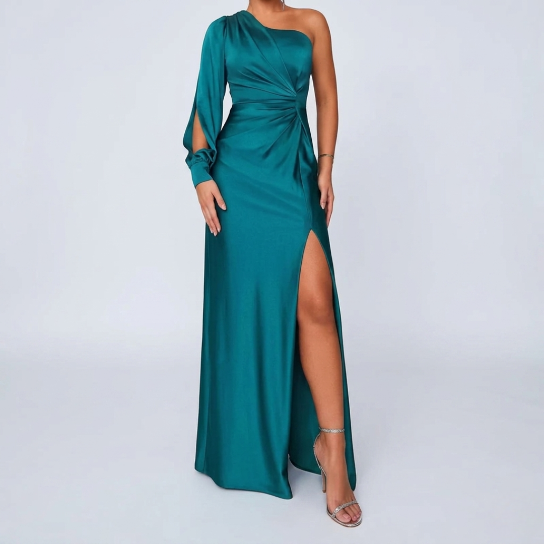 Robe longue monobretelle fendue cérémonie bleu canard – Zafira