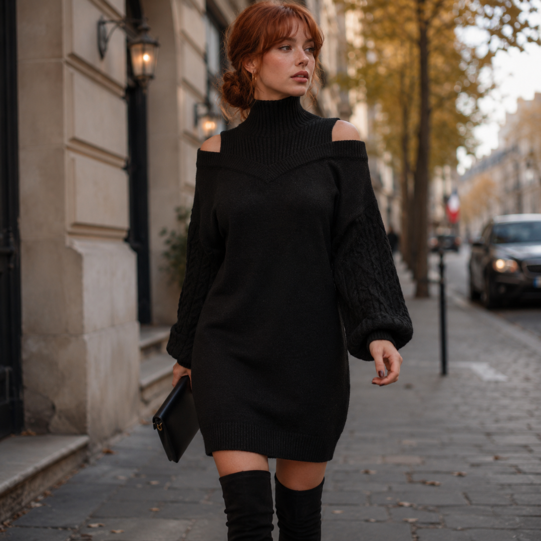 Robe pull noire courte avec col montant côtelé et manches torsadées bouffantes