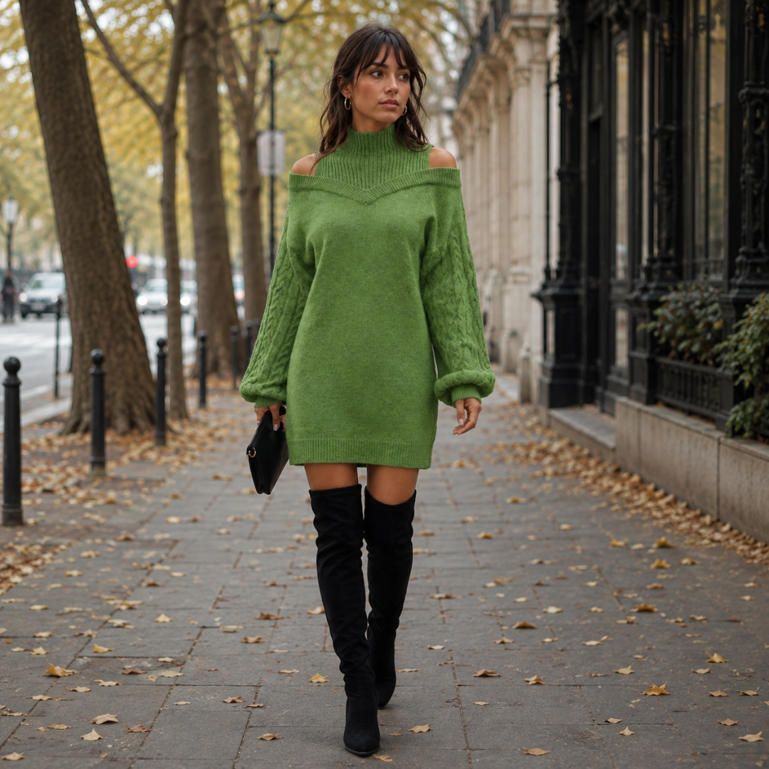 Robe pull verte courte à col montant et épaules dénudées portée avec cuissardes noires