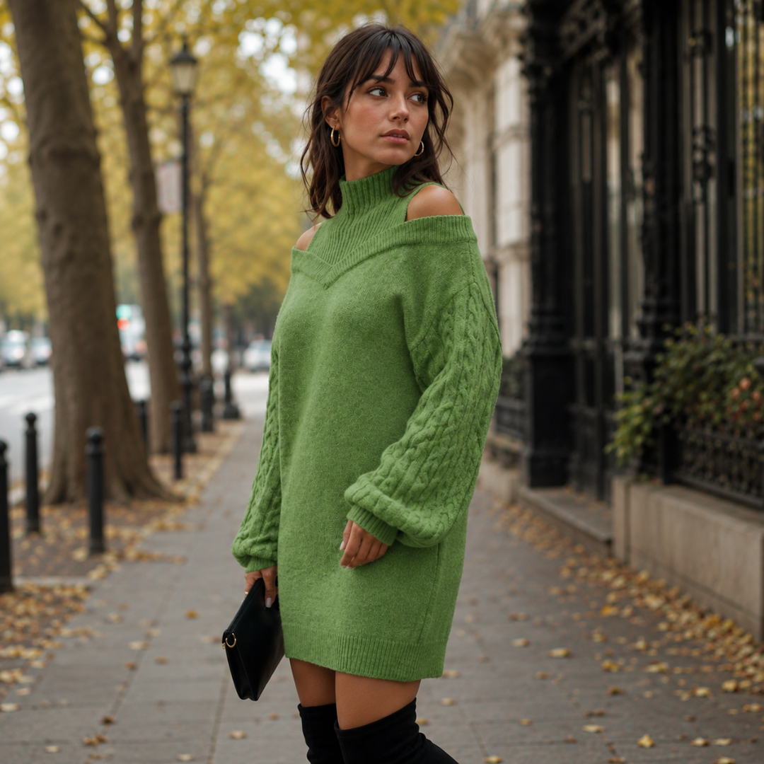 Robe pull verte de trois quarts, manches bouffantes torsadées et bordure côtelée en bas