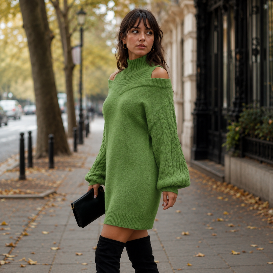 Robe pull verte courte vue de profil, col montant côtelé et empiècement en V