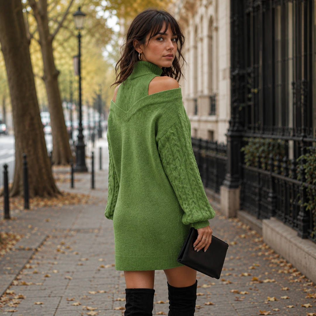 Vue de dos d'une robe pull verte courte avec découpes aux épaules et manches torsadées