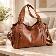 Sac bandoulière femme marron effet cuir avec double anse et zips latéraux