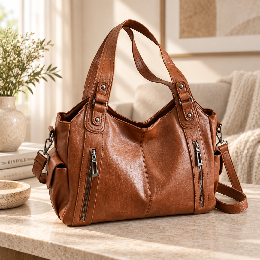 Sac bandoulière femme marron effet cuir avec double anse et zips latéraux