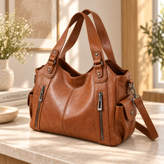 Sac à main marron posé de trois quarts, poche latérale à rabat et sangle