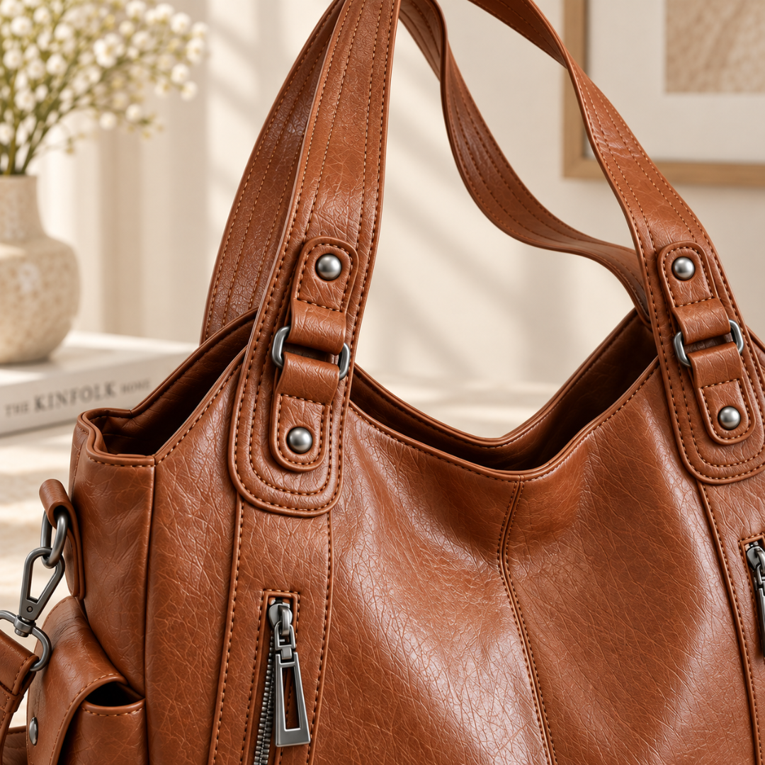 Détail des anses du sac marron avec passants rivetés et anneaux métal gris
