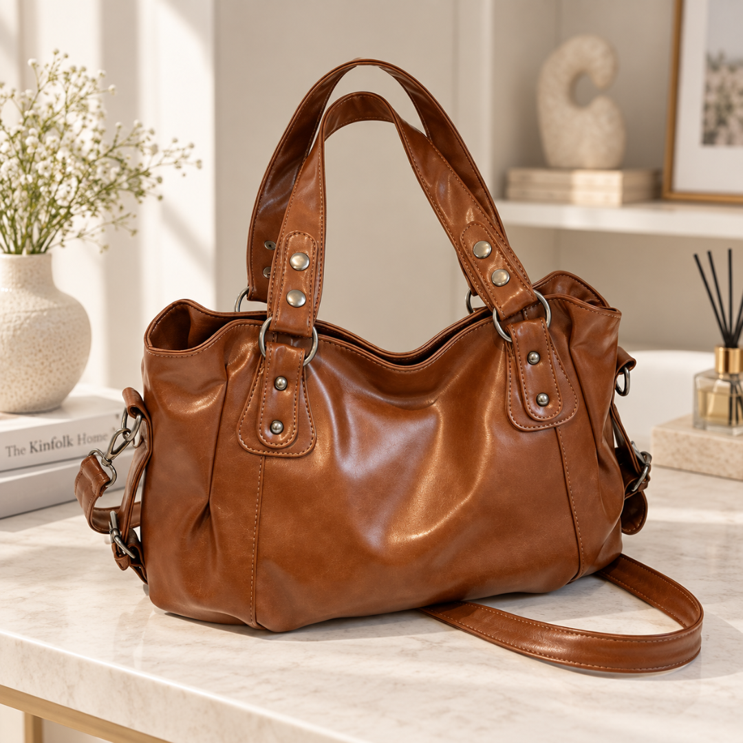Sac bandoulière marron effet cuir brillant avec sangle amovible posé sur une console