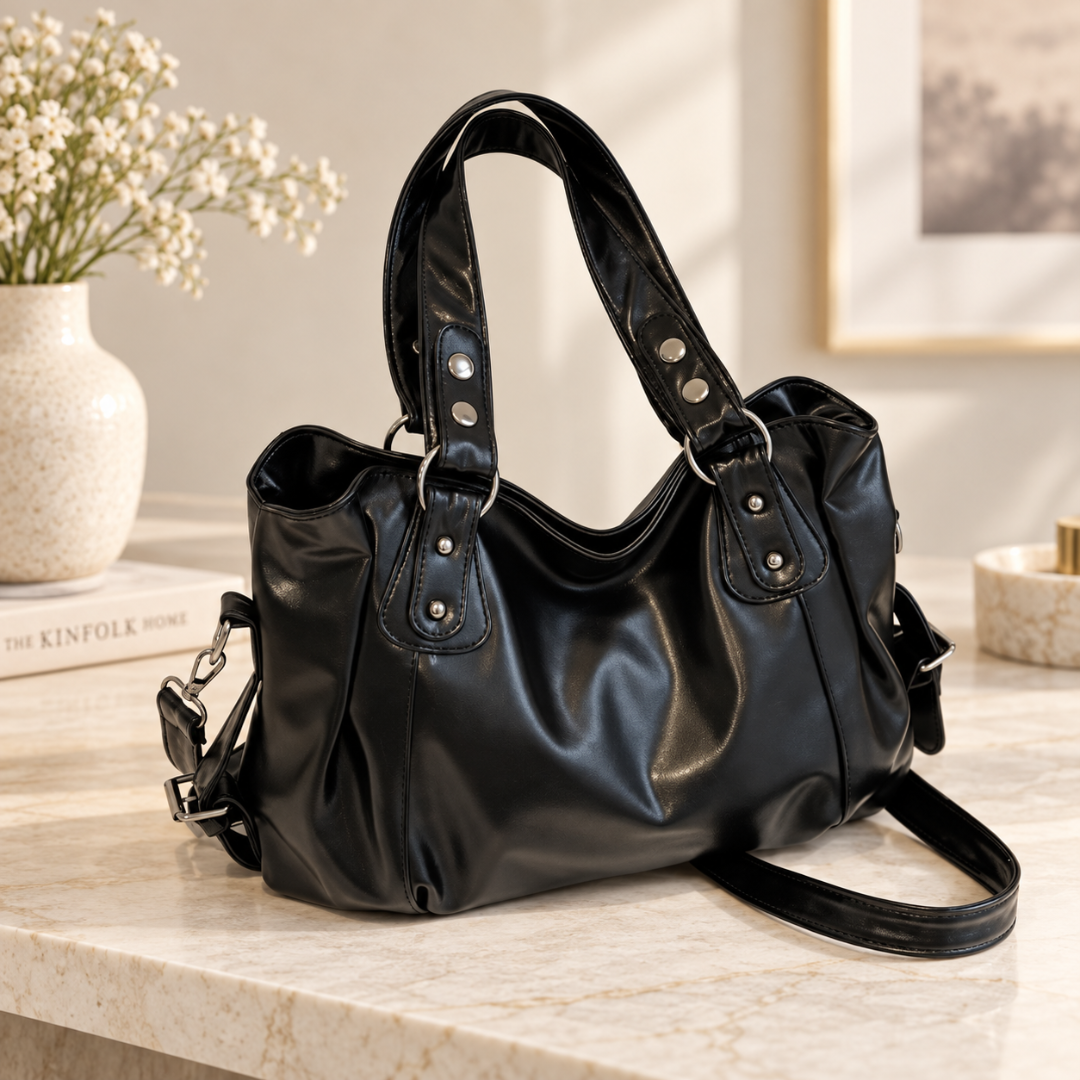 Sac bandoulière noir effet cuir avec rivets argentés et sangle réglable