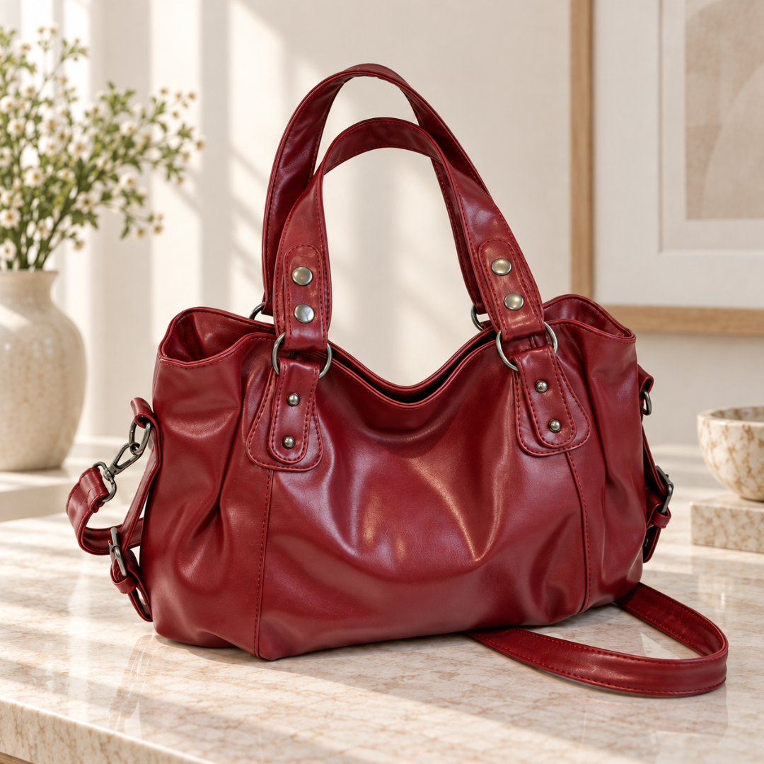 Sac bandoulière rouge effet cuir avec double anse et rivets métalliques sur marbre