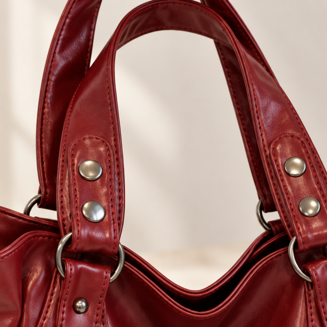 Détail des anses rouges du sac avec rivets ronds et anneaux métalliques