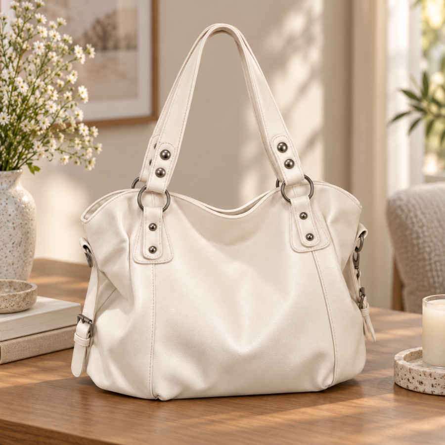 Sac à main blanc effet cuir posé sur une table, anses cloutées et anneaux