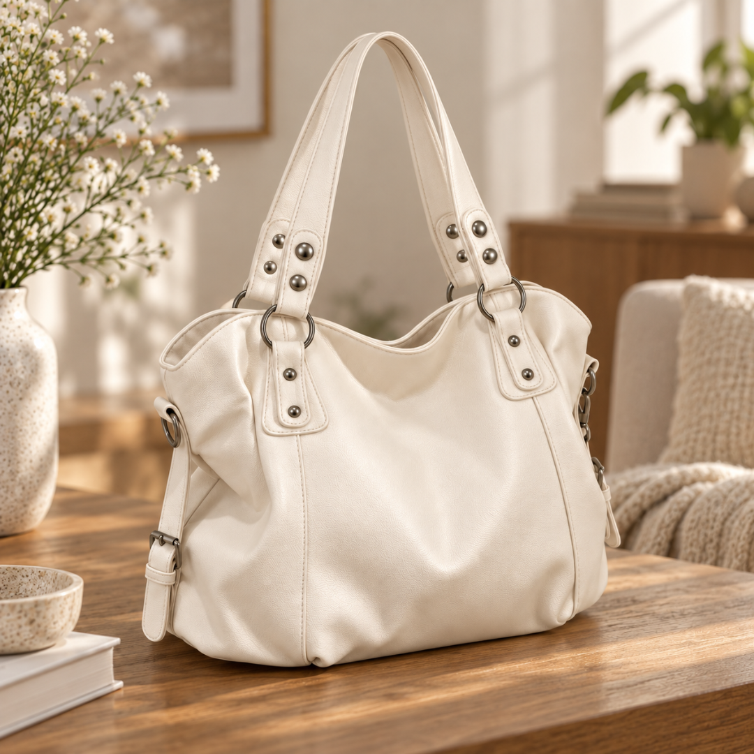 Sac femme blanc de trois quarts, forme cabas souple et bandoulière sur le côté